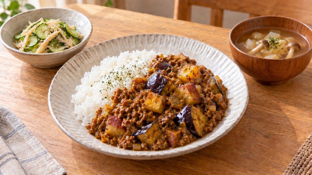 秋茄子とさつま芋のドライカレーにきゅうりとさきイカの酢の物ときのこのスープを添えた献立