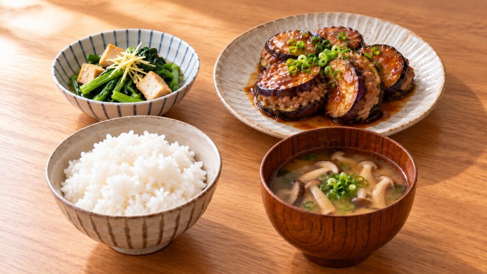 茄子のとろりはさみ焼きを主菜にした秋なすの作り置き和食献立