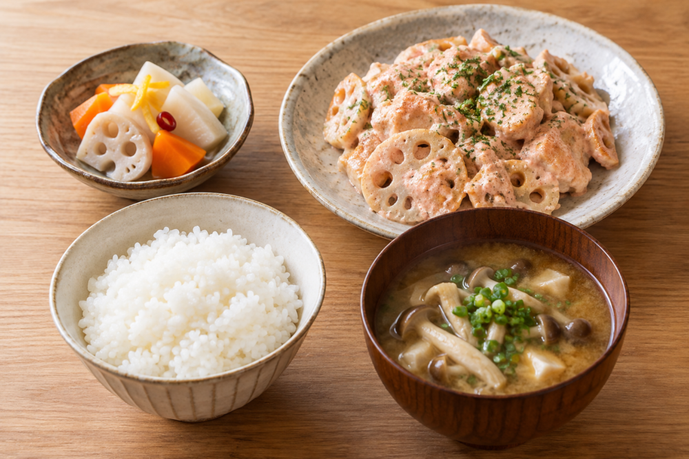 鶏肉とれんこんのたらマヨ炒めに根菜ピクルス、きのこの味噌汁、ごはんを合わせた秋の献立