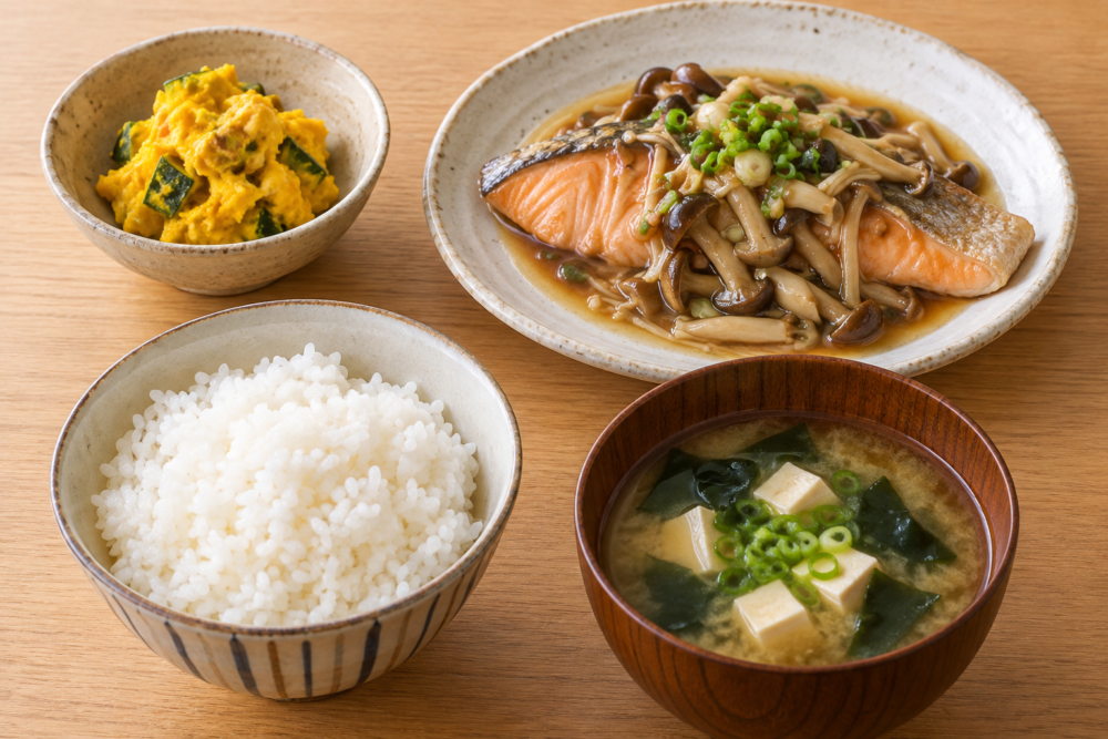 秋鮭のきのこあんにかぼちゃサラダ、豆腐とわかめの味噌汁、ごはんを合わせた秋の献立