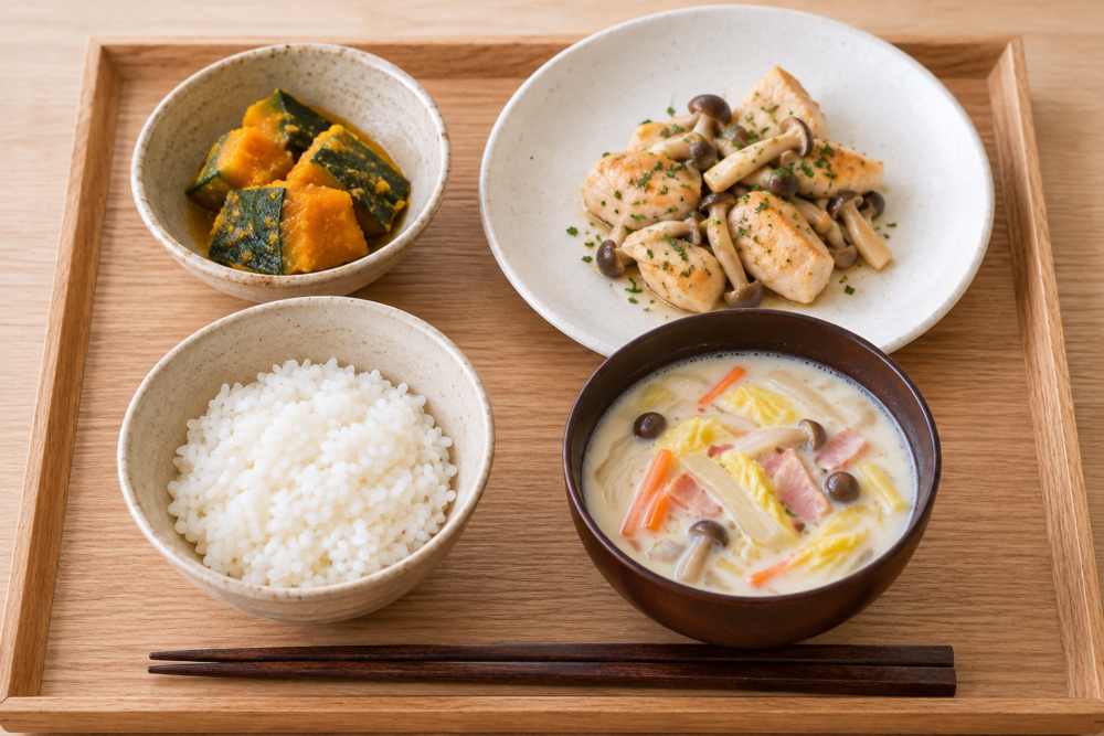 鶏むね肉ときのこの洋風炒め、レンチン塩麹かぼちゃ、白菜とベーコンの具沢山ミルクスープ、ご飯の一人分の献立イメージ