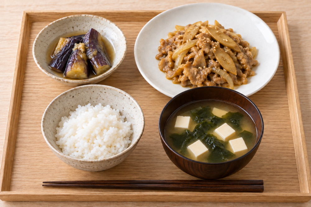 豚ごぼうのカレー麺つゆ炒め、レンチンなすの煮びたし、豆腐とわかめのすまし汁、ご飯の一人分の献立イメージ