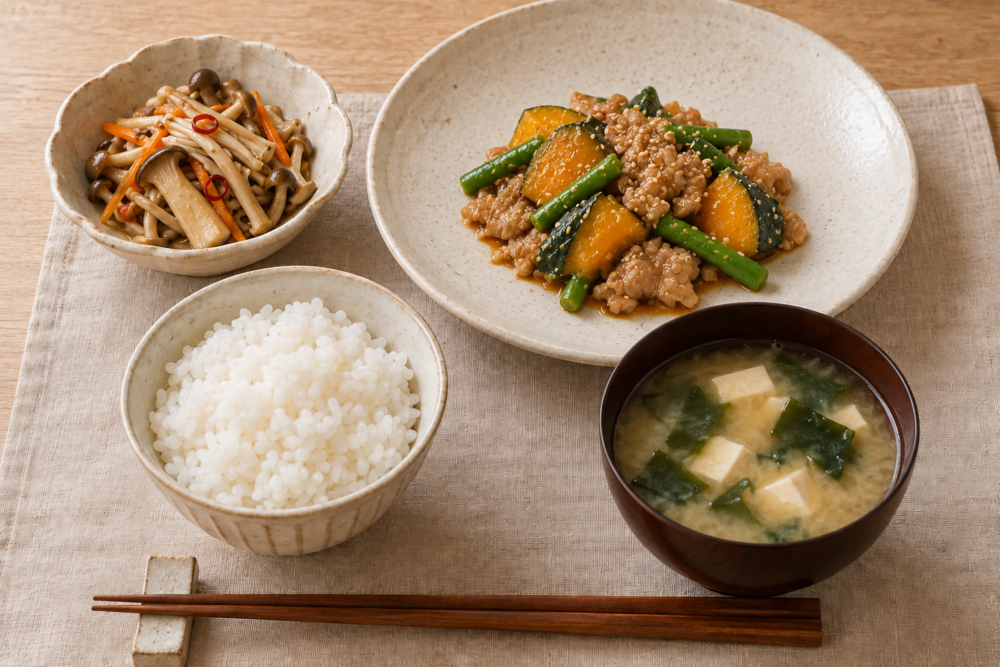 甘辛豚かぼちゃに、きのこのペペロンチーノ、豆腐とわかめの味噌汁、ごはんを合わせた一人前の献立イメージ