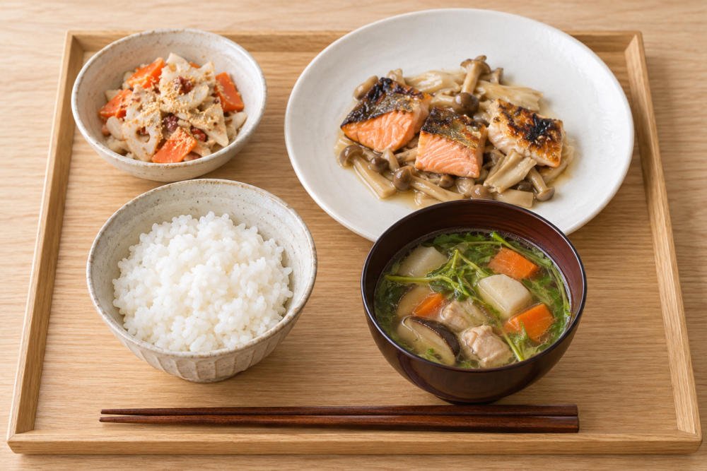 秋鮭のきのこあん、レンコンと人参の梅和え、里芋のすまし汁、ご飯の一人分の献立イメージ