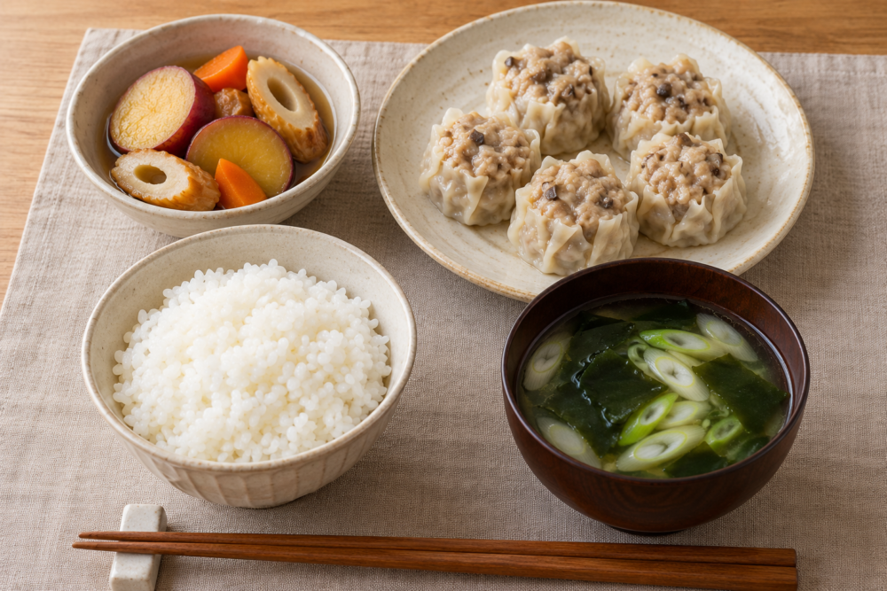 きのこたっぷりシュウマイに、さつま芋とちくわの煮物、中華スープ、ごはんを合わせた一人前の献立イメージ