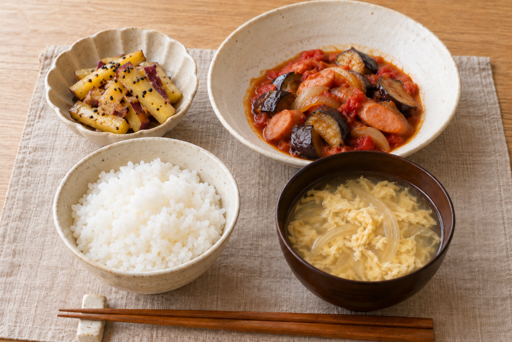 ソーセージと茄子のトマト煮込みに、さつま芋のレモン塩麹きんぴら、玉ねぎと卵のスープ、ごはんを合わせた一人前の献立イメージ