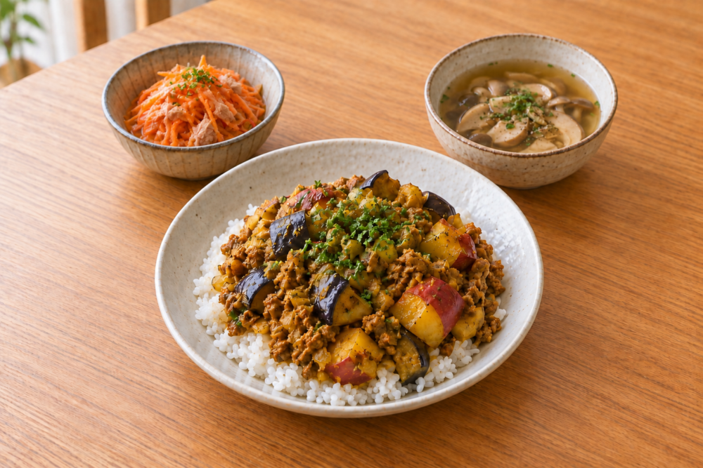 秋茄子とさつま芋のドライカレーにツナ入りキャロットラペときのこのコンソメスープを添えた秋の献立
