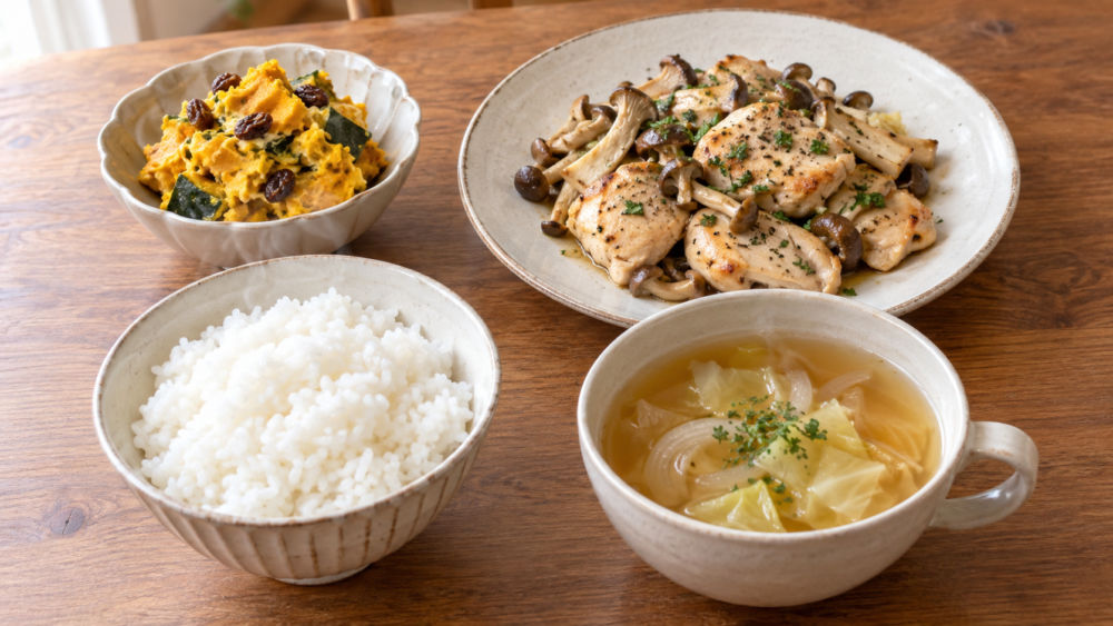 鶏むね肉ときのこの洋風炒め、かぼちゃとレーズンのクリーミーサラダ、コンソメスープ、ごはんの献立
