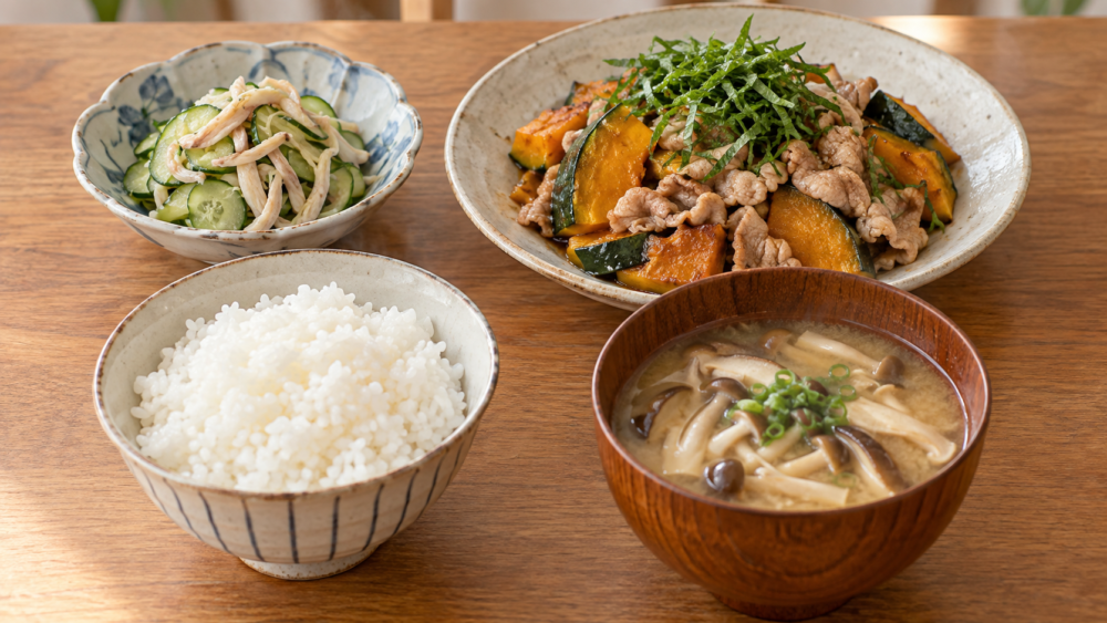 豚こま肉とかぼちゃの大葉炒め、きゅうりとさきイカの酢の物、きのこの味噌汁、ごはんの献立