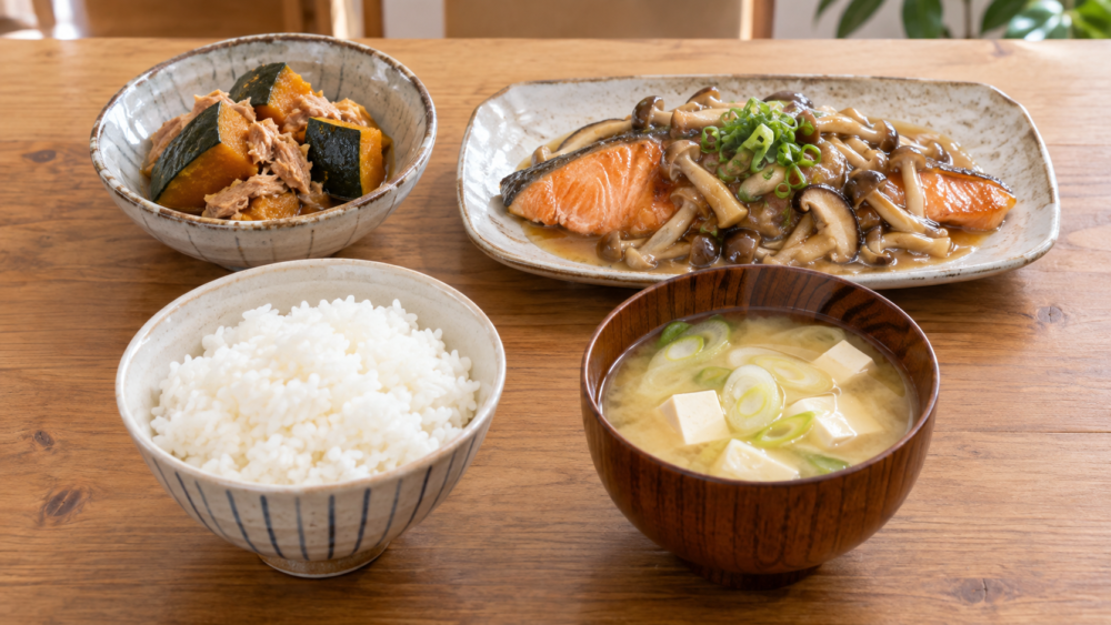 秋鮭のきのこあん、かぼちゃとツナの煮物、豆腐と長ねぎの味噌汁、ごはんの献立