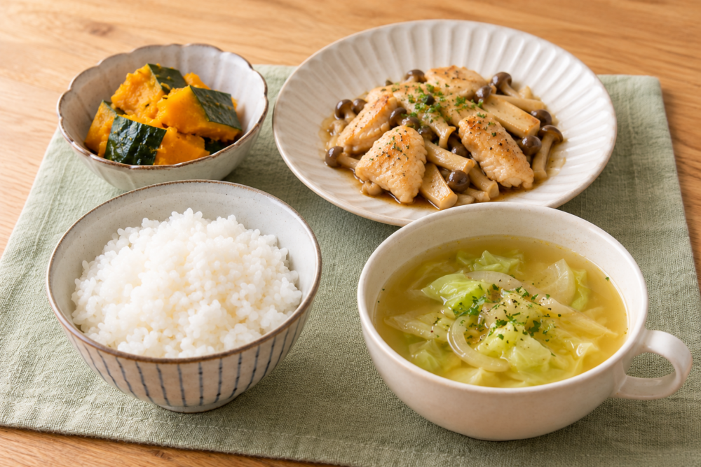 鶏むね肉ときのこの洋風炒め、かぼちゃの副菜、スープ、ごはんの一人前献立