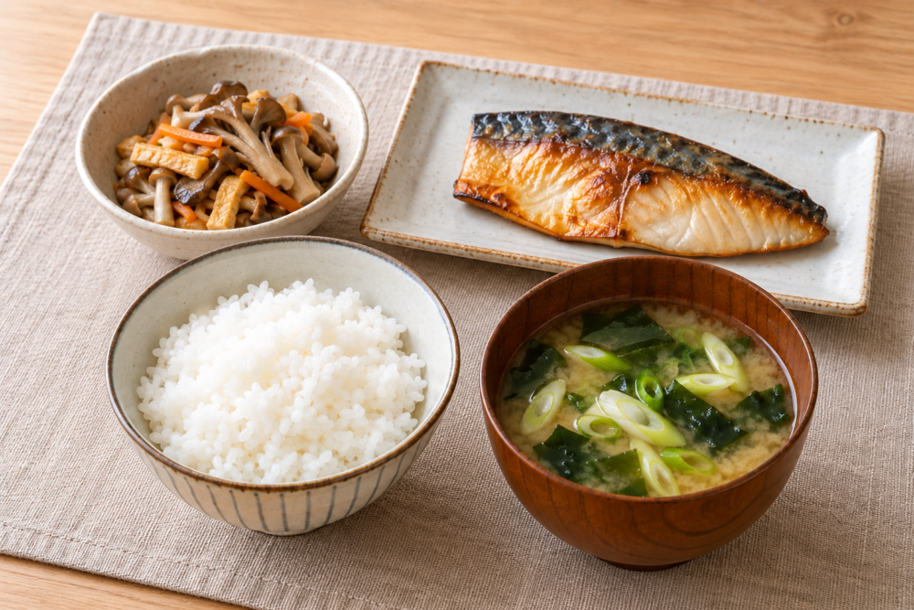 塩サバで胡麻みりん焼きときのこと油揚げの炒め煮、味噌汁、ごはんの一人前献立
