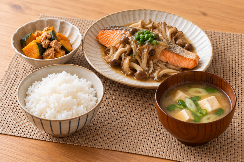 秋鮭のきのこあんとかぼちゃの副菜、味噌汁、ごはんの一人前献立