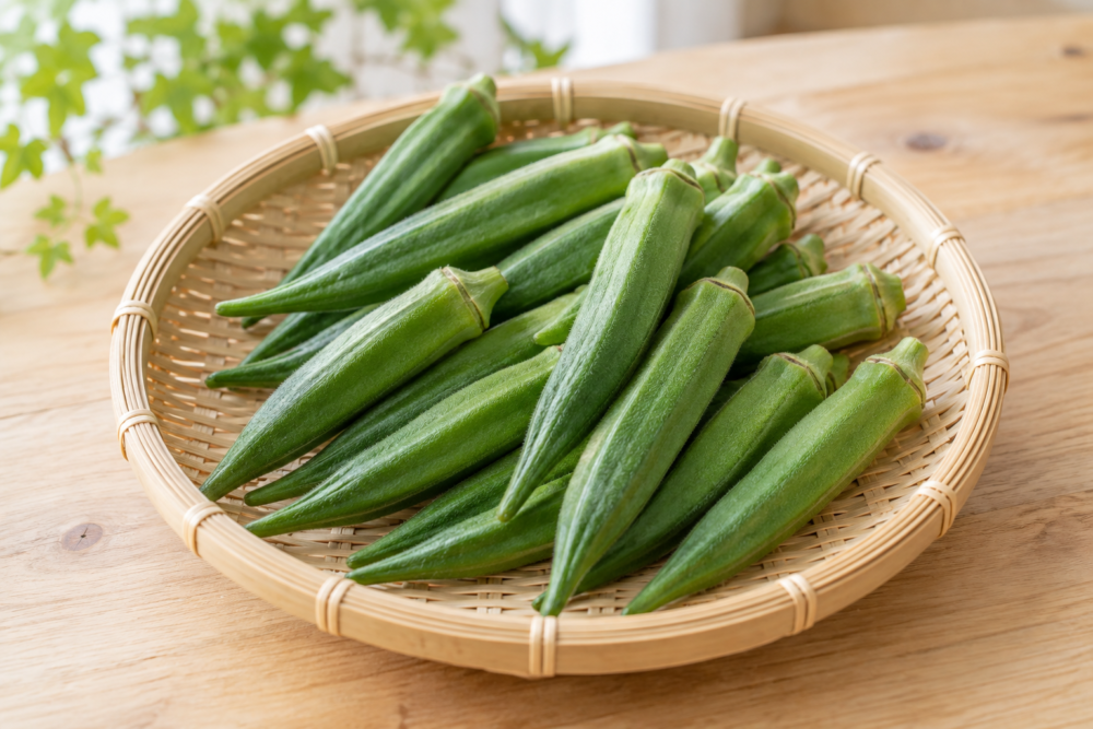 竹ざるに盛った新鮮なオクラ