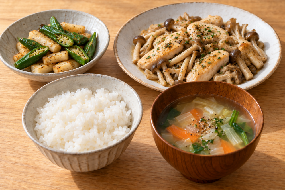 鶏むね肉ときのこの洋風炒めに長芋とオクラのバター醤油、野菜のコンソメスープ、ごはんを合わせた献立