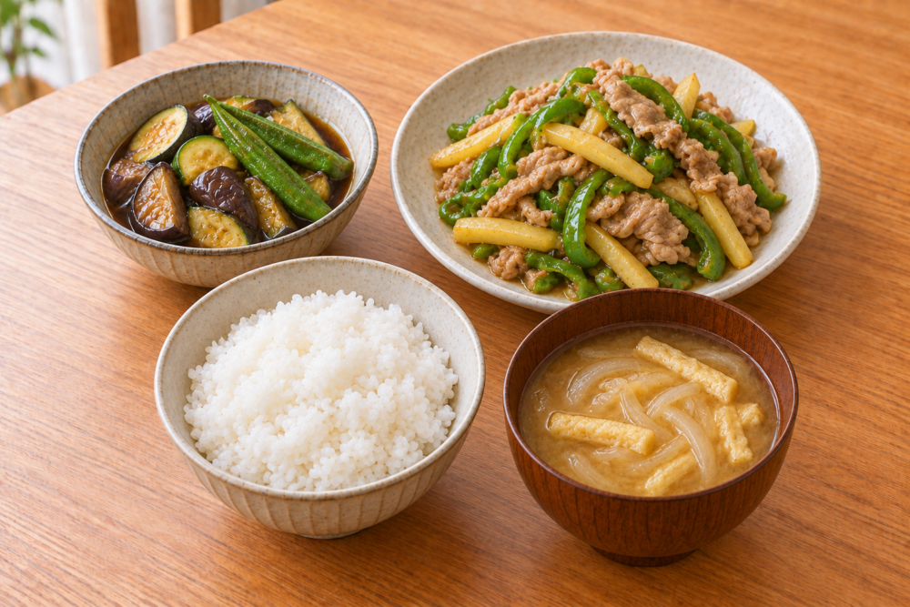 豚肉とピーマンのオイスター炒めにズッキーニと茄子とオクラの焼き浸し、玉ねぎと油揚げの味噌汁、ごはんを合わせた献立