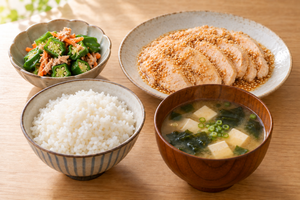 簡単よだれ鶏にオクラとツナのわさびドレッシング和え、豆腐とわかめの味噌汁、ごはんを合わせた献立