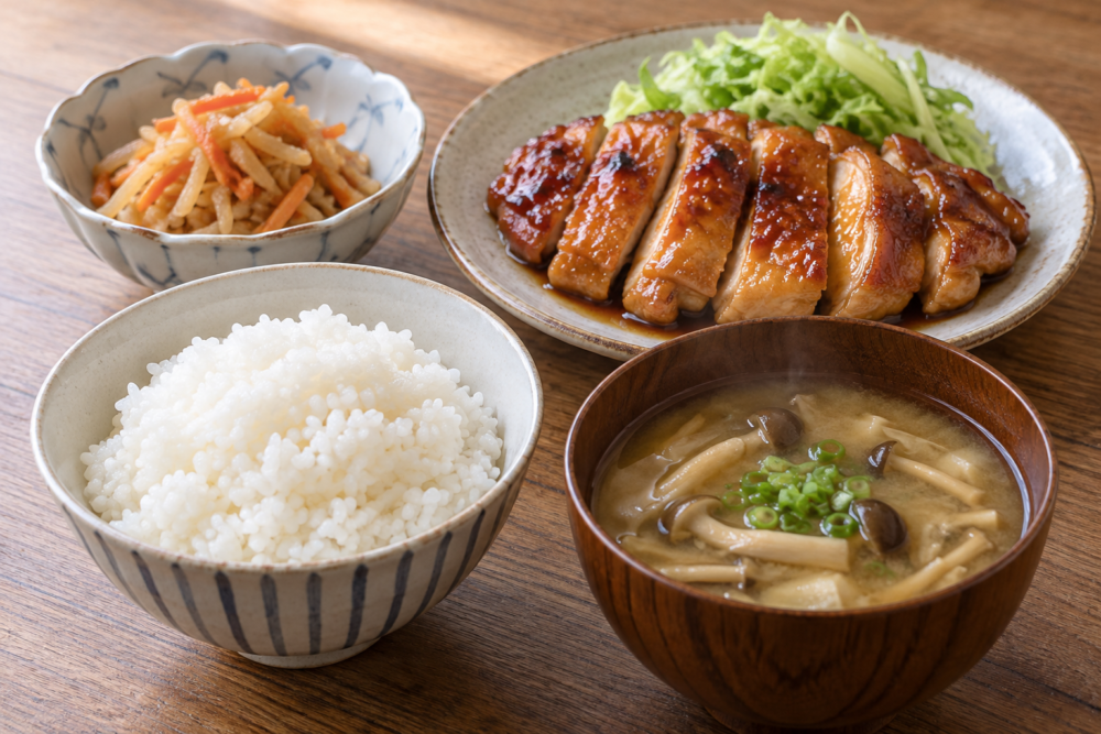 みそ照りチキンに切り干し大根の炒め煮、きのこの味噌汁、ごはんを合わせた作り置き初心者向け献立