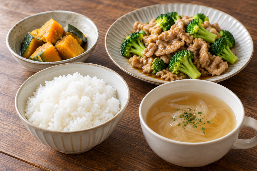豚肉とブロッコリーの味噌炒めにレンチン塩麹かぼちゃ、玉ねぎのスープ、ごはんを合わせた献立