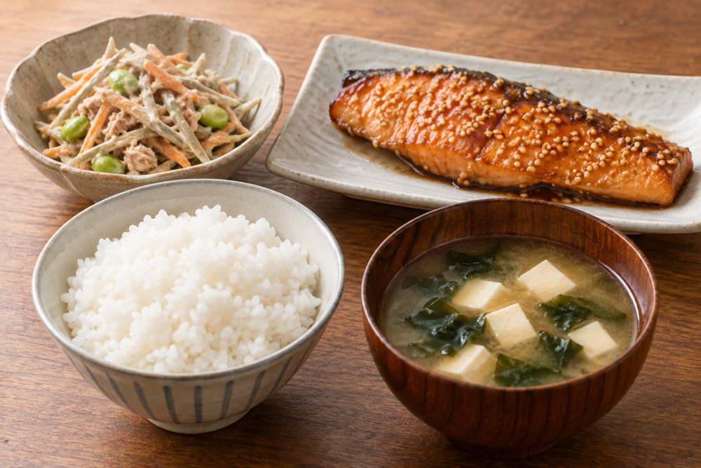 鮭のごま照り焼きにごぼうとツナの彩りマヨサラダ、豆腐とわかめの味噌汁、ごはんを合わせた献立