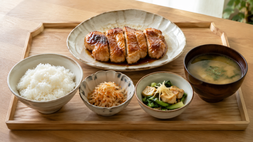 みそ照りチキンと作り置き副菜を組み合わせた和食献立
