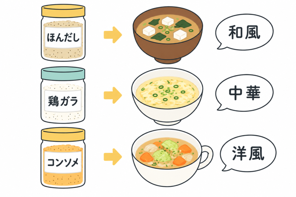 ほんだしは味噌汁などの和風、鶏ガラは卵スープなどの中華、コンソメは野菜スープなどの洋風に使う例
