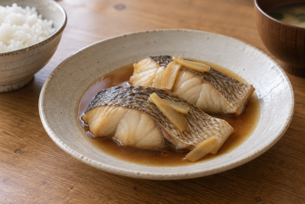 生姜を添えた魚の煮付けの料理イメージ