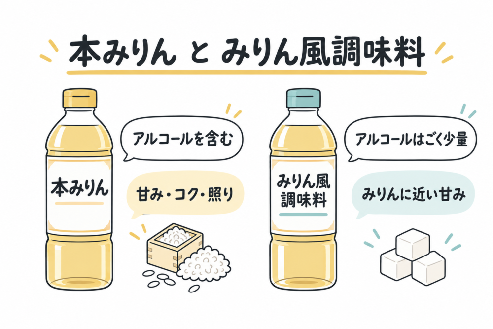 本みりんとみりん風調味料の違いを比べる線画イラスト