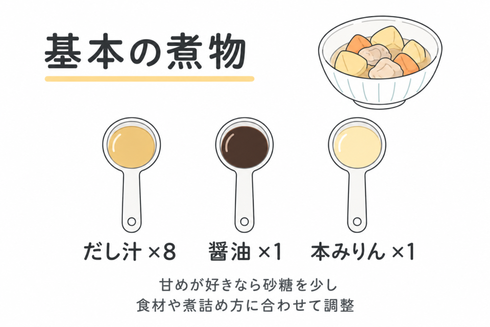 基本の煮物の目安は、だし汁8・醤油1・本みりん1