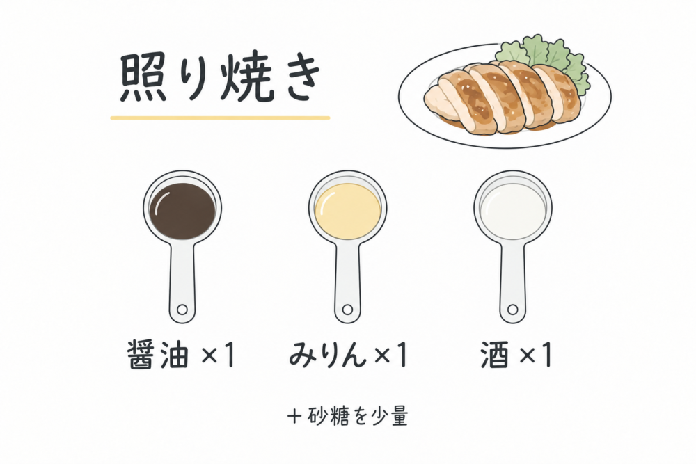 照り焼きの調味料の比率を同じ大きさの計量スプーンで示した線画イラスト