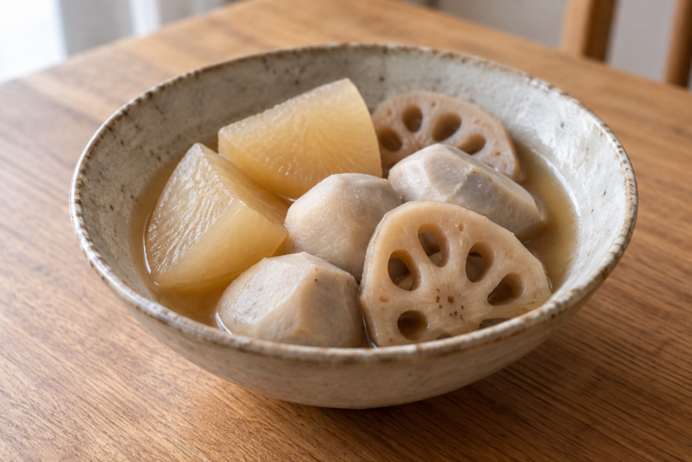 大根・里芋・れんこんをやわらかく煮た料理イメージ