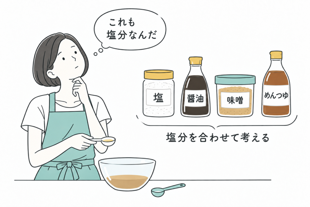塩だけでなく醤油・味噌・めんつゆに含まれる塩分も合わせて考えるイラスト