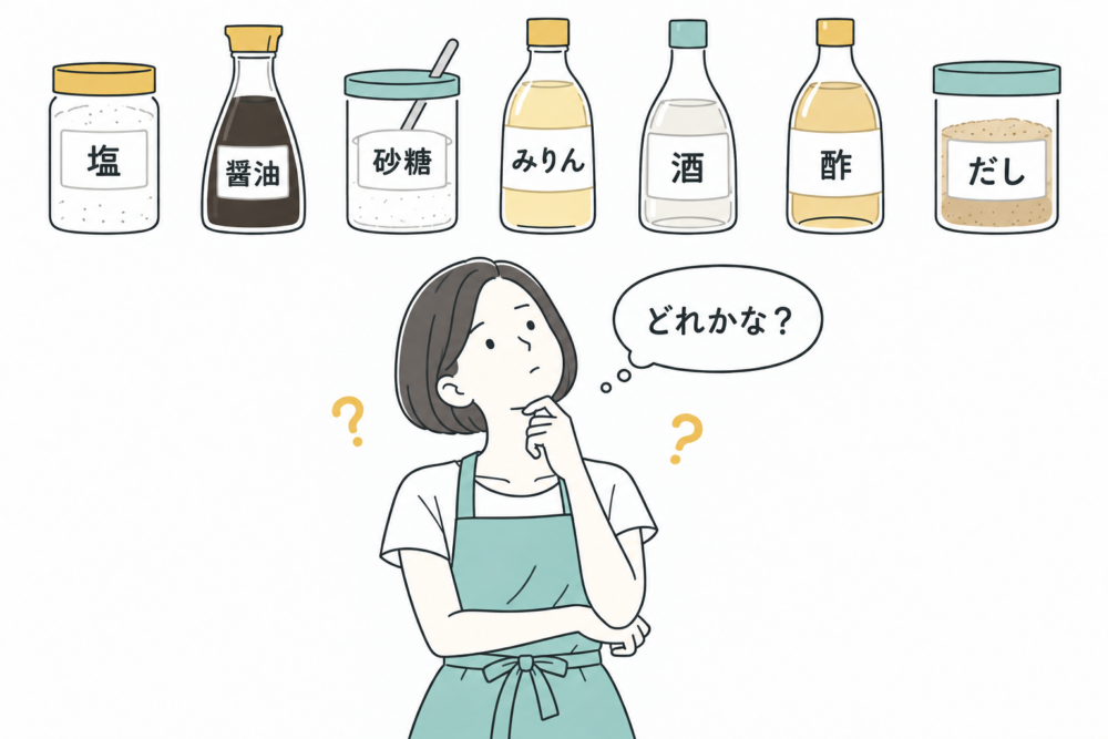 並んだ7種類の調味料を見て、どれかなと悩む料理中の人の線画イラスト