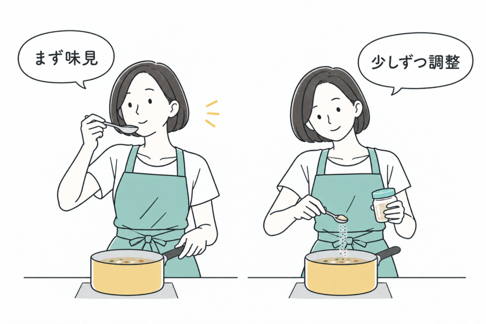 まず味見をして、調味料を少しずつ加えて味を調整するイラスト